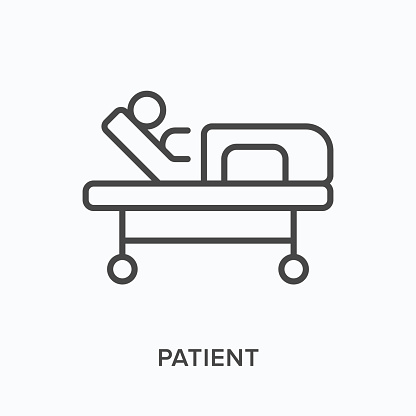 Patient flat line icon. Vector outline illustration of person in bed equipment. Black thin linear pictogram for hospital intensive care.