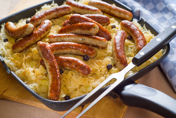 istock .Nuremberg sausages on sauerkraut 1364008076