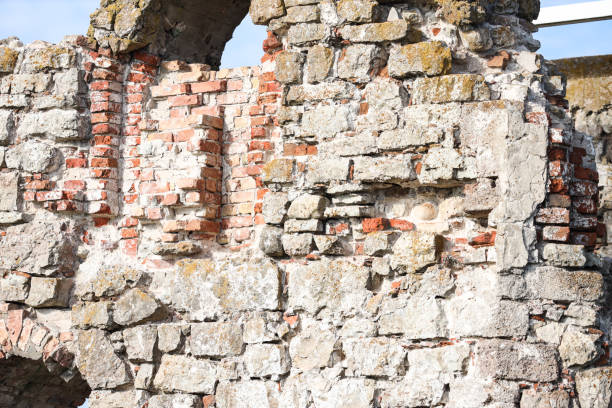 Old ancient church building architecture brick wall. Photo taken on a warm overcast autumn day.