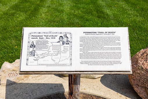 Rochester, Indiana, USA - August 22, 2021: Plaque tells the history of the Potawatomi Trail of Death at The Fulton County Courthouse