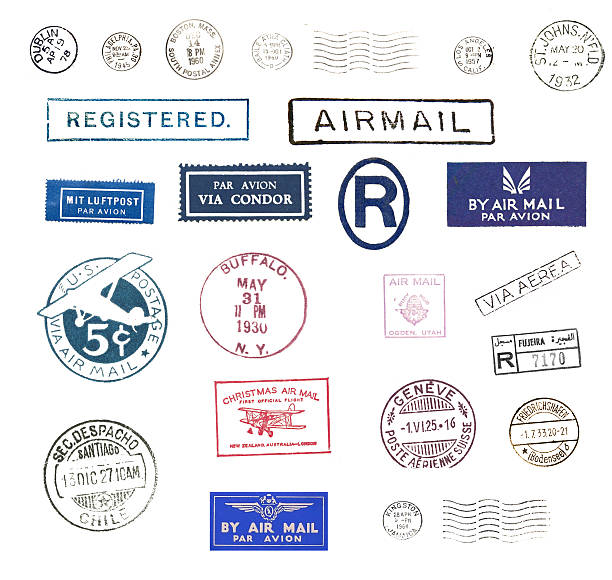 Vintage airmail stamps Vintage postage stamps and airmail labels from all over the world postmark photos stock pictures, royalty-free photos & images