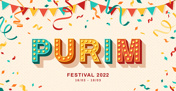 Happy purim card or banner with typography design. Vector illustration with retro light bulbs font, carnival streamers, confetti and hanging flag garlands.