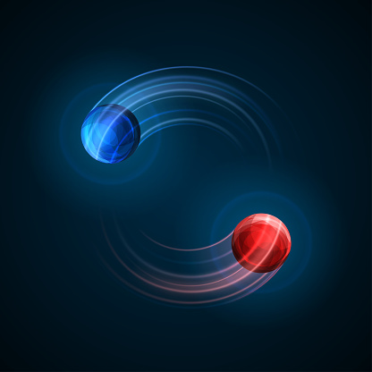Red and blue particles collision. Vector illustration. Atom fusion, explosion concept. Abstract molecules impact. Atomic energy power blast, electrons protons collide. Yin yang balance science poster