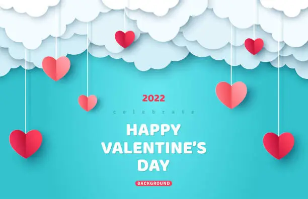 Vector illustration of Valentin hearts and paper cut clouds