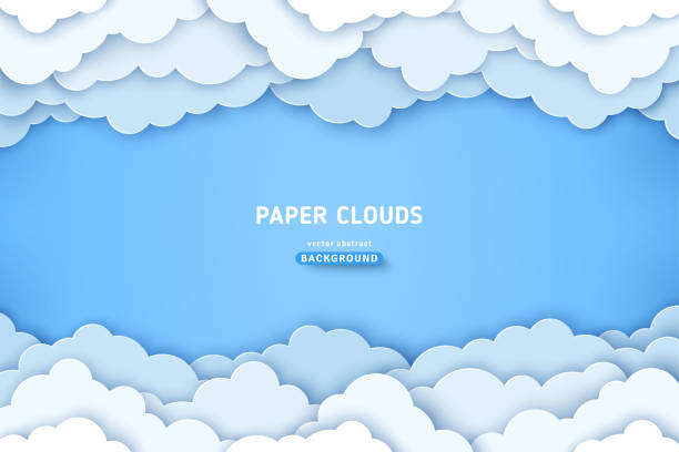 Paper cut clouds border Beautiful cotton clouds, white frame border on blue sky background. Vector illustration. Paper cut style. Place for text cotton cloud stock illustrations