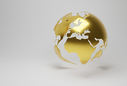 golden planet earth, precious metal globe model, abstract investment background 3D render