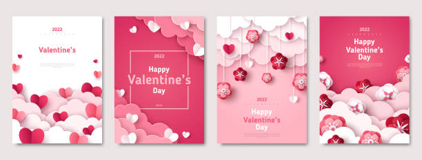 Valentine's day posters template Valentine's day concept posters set. Vector illustration. 3d red and pink flowers, paper hearts, clouds with frame. Cute love sale banner, voucher, brochure template or greeting card. Place for text. romantic styles stock illustrations