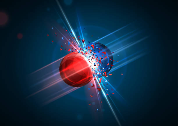 Red and blue particle atom clash Red and blue particles collision. Vector illustration. Atom fusion, explosion concept. Abstract molecules impact. Atomic energy power blast, electrons protons collide. Two cores shatter destruction physics stock illustrations