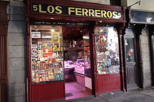 Madrid - Spain - January 3, 2022.\nAn old food store behind the Plaza Mayor.