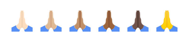 ilustrações, clipart, desenhos animados e ícones de conjunto de emojis de mãos dobradas. ícone vetorial. mãos cruzadas de vários tons de pele. mãos humanas dobradas em oração. mãos entrelaçadas. mudra namaste. apelar para o céu, pedido de doação - praying