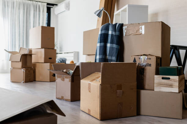 Apartment full of box containers and stuff. Move, packing and unpacking. Moving to a new home stock photo