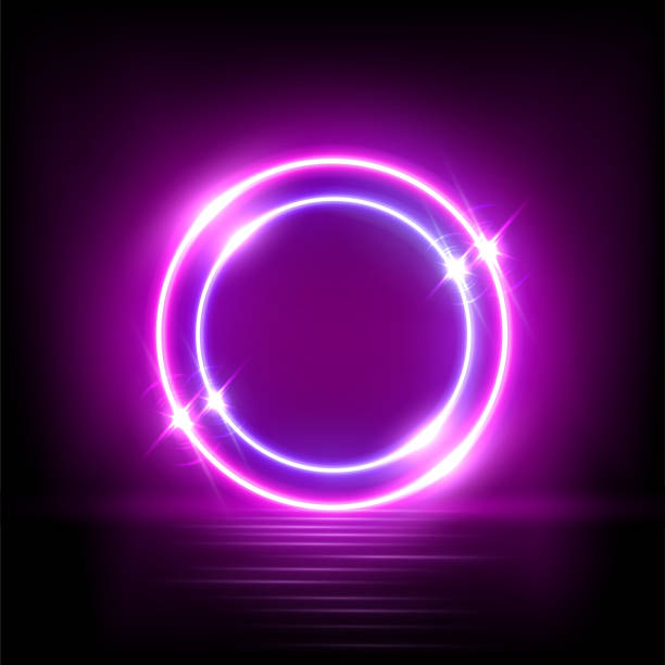 istock Neon circle frames with glow and shine, bright purple lines of round shape, two rings 1364016874