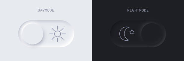 дневной режим и ночной режим слайд нейморфных кнопок, светлый день и темная ночь ползунки - interface icons push button button control panel stock illustrations