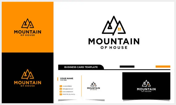 Vector illustration of line art house and home with mountain concept logo and business card template