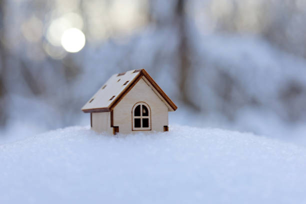 istock Wooden house model in a snow on winter forest background 1364018404