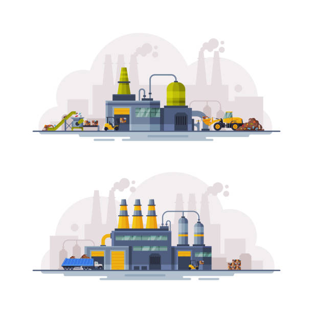 waste management or garbage processing factory or plant vector set - atık yönetimi stock illustrations