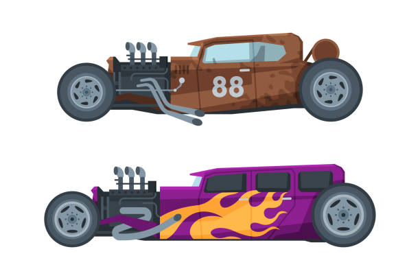 istock American Hot Rod Car with Large Engine and Tubes for Speed and Acceleration Vector Set 1364019620