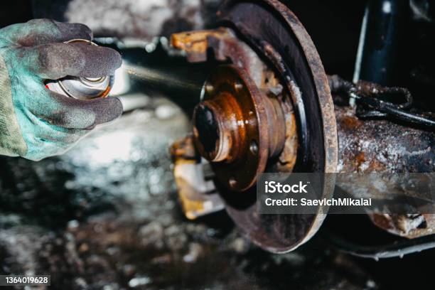 Treatment Of The Hub And Brake Disc With Rust Spray Brake Cleaner Stock Photo - Download Image Now