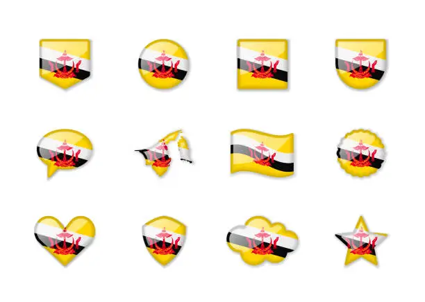 Vector illustration of Brunei - set of shiny flags of different shapes.