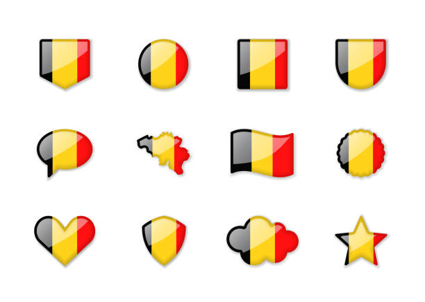 ilustraciones, imágenes clip art, dibujos animados e iconos de stock de bélgica - conjunto de banderas brillantes de diferentes formas. - belgium belgian flag flag shield