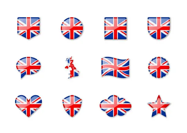 Vector illustration of United Kingdom - set of shiny flags of different shapes.