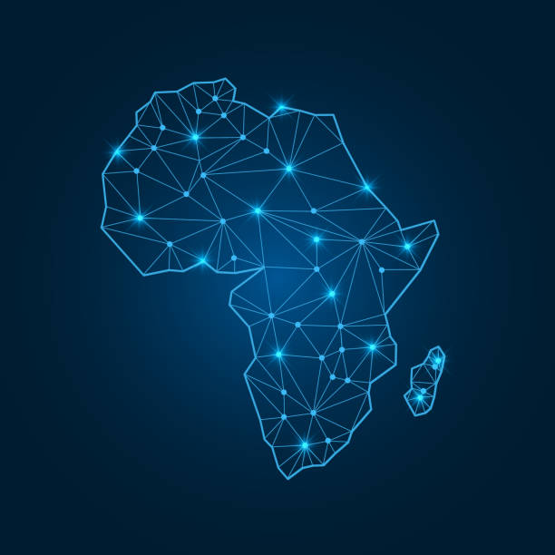 Africa map with polygonal glowing shapes. Africa map with polygonal glowing shapes. World map linear continent with lighting dots. Africa map continent with triangular line elements. Vector illustration isolated on blue gradient background. african continent stock illustrations