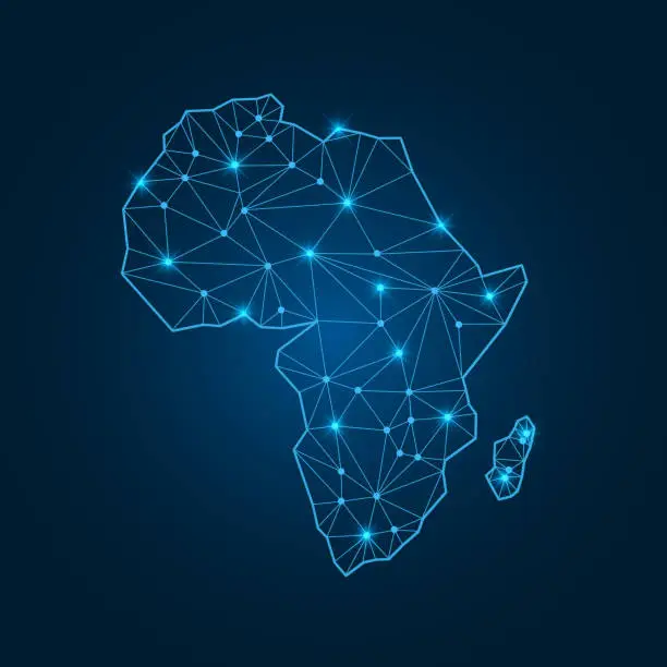 Vector illustration of Africa map with polygonal glowing shapes.