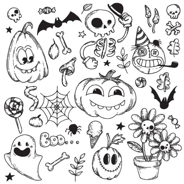 ilustrações de stock, clip art, desenhos animados e ícones de vector drawing. set of illustrations on the theme of halloween in the style of 30s cartoons. black and white graphics, funny pictures of skeleton, pumpkins, ghosts and candies - pop art skull backgrounds pattern