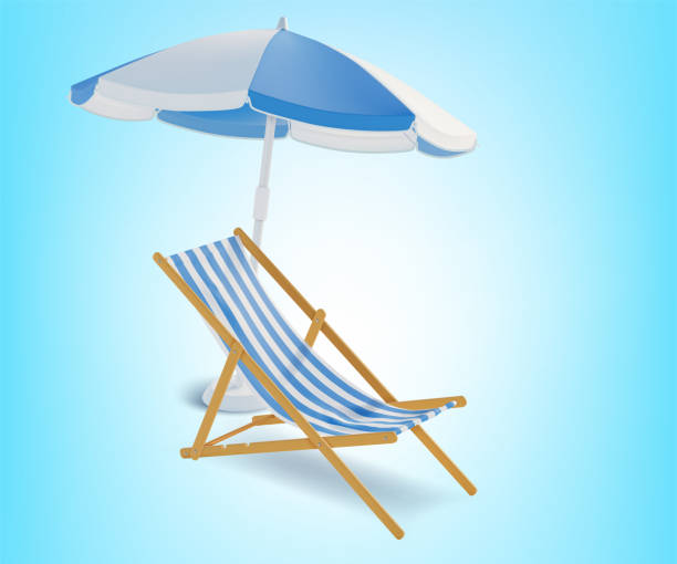 ilustraciones, imágenes clip art, dibujos animados e iconos de stock de silla de playa 3d realista detallada y juego de sombrillas. vector - parasol pine