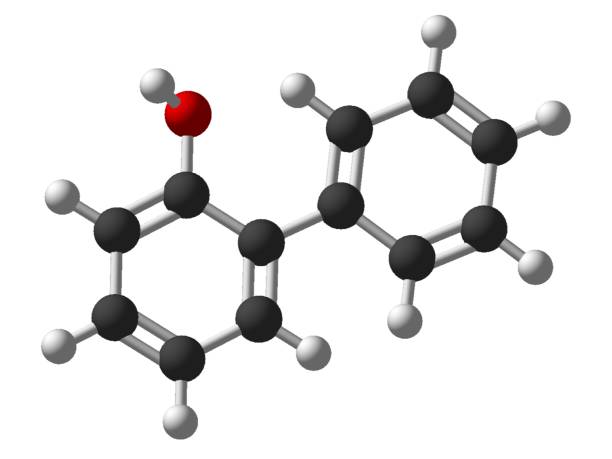 struttura molecolare 2-fenilfenolo 3d isolata su molecola di atomo chimica a fondo bianco - hydrogen bonding foto e immagini stock