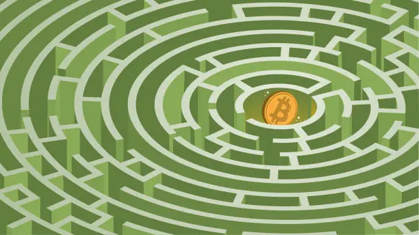 Vector illustration of Bitcoin hidden in a 3D circle maze