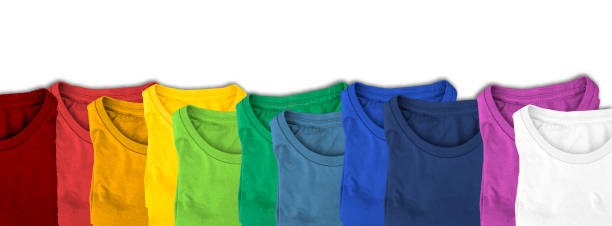 istock Pile of multi colored t-shirts isolated on white background 1364027520