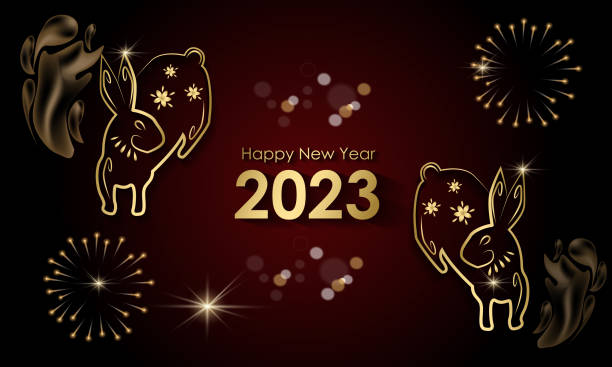 Translation: Happy New Year. Year of the rabbit. Silhouette of the symbol of the year 2023. Golden elegant template. Translation: Happy New Year. Year of the rabbit. Silhouette of the symbol of the year 2023. Golden elegant template. rabbit brush stock illustrations