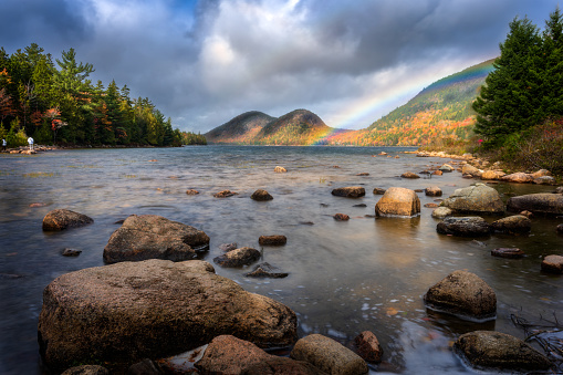 The Bubbles in Acadia National Park with a rainbow