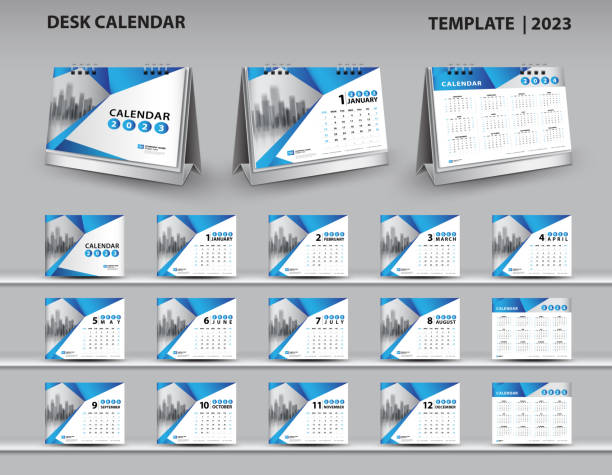 kalender 2023, 2024, 2025 vorlage, schreibtischkalender 2023 design, wandkalender 2023 jahr, 3d kalender mockup, blaues cover design, set von 12 monaten, woche beginnt sonntag, planer, flyer design, vektor - tischkalender stock-grafiken, -clipart, -cartoons und -symbole