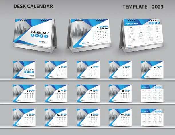 Vector illustration of Calendar 2023, 2024, 2025 template, Desk calendar 2023 design, Wall calendar 2023 year, 3d calendar mockup, Blue cover design, Set of 12 Months, Week starts Sunday, planner, flyer design, vector