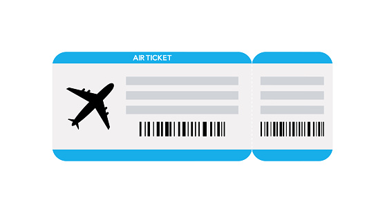 Flight ticket. Ticket for pass to plane. Card for airplane, travel and fly. Template of coupon for air trip. Illustration for airline, business and tourism. Vector.