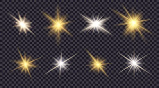 Vector illustration of Bright spark star or glitter sparks of sun or camera. Shining sunlight ray. Magic burst beam isolated. vector