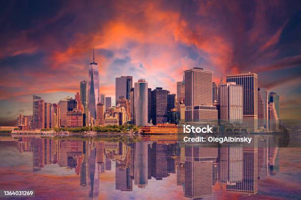 New York City Skyline With Manhattan Financial District World Trade Center And Orange And Blue Sunset Sky Stock Photo - Download Image Now