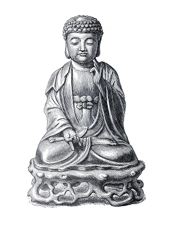 Buddha meditating. Ink black and white Vintage buddah or retro drawing illustration