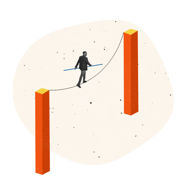 Contemporary art collage. Businessman walking tightrope symbolizing working risks