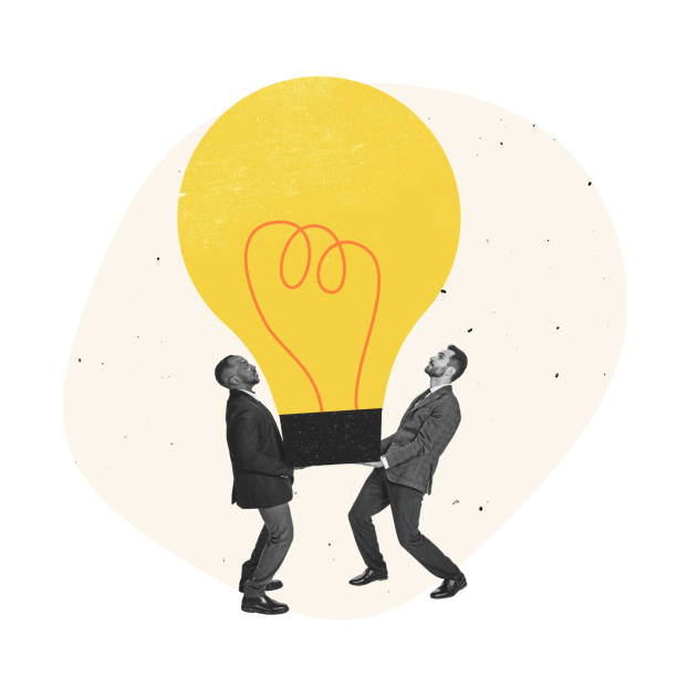 istock Creative collage, modern design. Two employees holding, carrying heavy lightbulb symbolizing teamwork, new ideas 1364036818