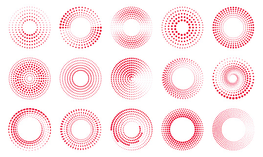 Set of different dotted circles. Round vector elements for design. Halftone effect.