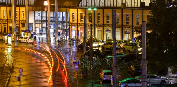 Photo of Train station at night in the city of Kassel Hessen Germany.