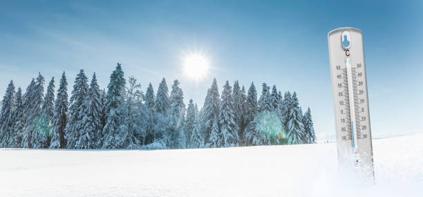 Thermometer with minus temperatures in Celsius in front of a winter landscape