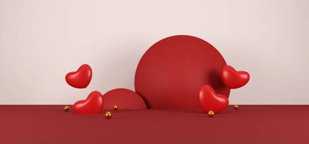 istock happy valentine's day background. red realistic stage podium, festive decorative objects, heart shaped balloons, gift box, greeting card. holiday banner design. 3D illustration 1364039200