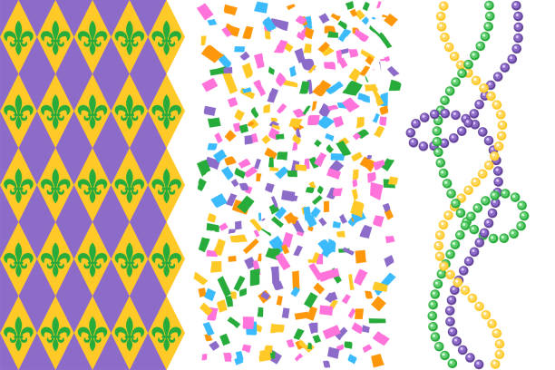 mardi gras karneval clipart designelemente, perlen, muster mit rauten und fleur de lis - mardi gras backgrounds fleur de lys symbol stock-grafiken, -clipart, -cartoons und -symbole