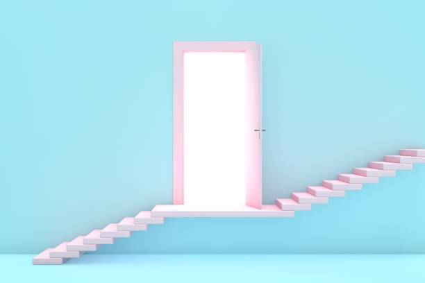 istock Stairway goes up to glowing door 1364039761