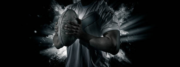 Man rugby player. Sports banner Man rugby player holds ball. Sports banner. Horizontal copy space background scotland football team stock pictures, royalty-free photos & images