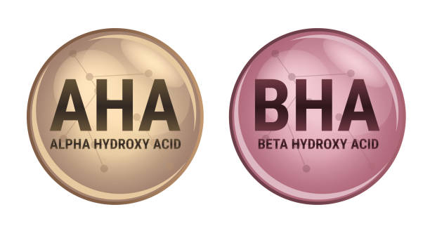 Vector set of AHA and BHA icons – beta hydroxy acid and alpha hydroxy acid that consist of a carboxylic acid isolated on white. Vector set of AHA and BHA icons – beta hydroxy acid and alpha hydroxy acid that consist of a carboxylic acid isolated on a white background. Acids used as a face serum or solution. Dermal, beauty and acne treatment. citric acid stock illustrations